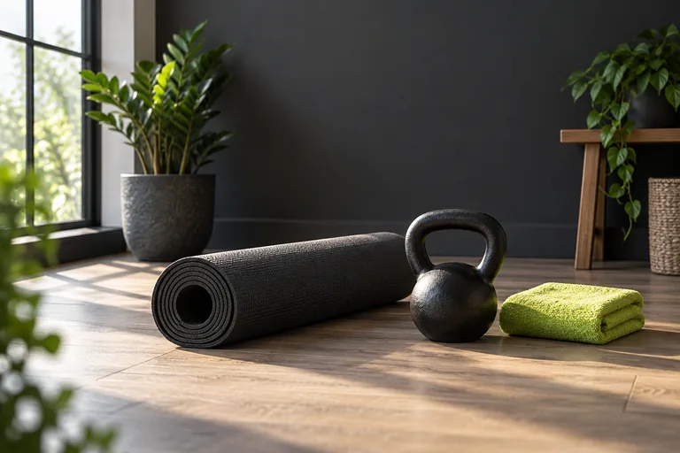 A kettlebell, rolled exercise mat and lime towel in a home workout corner.